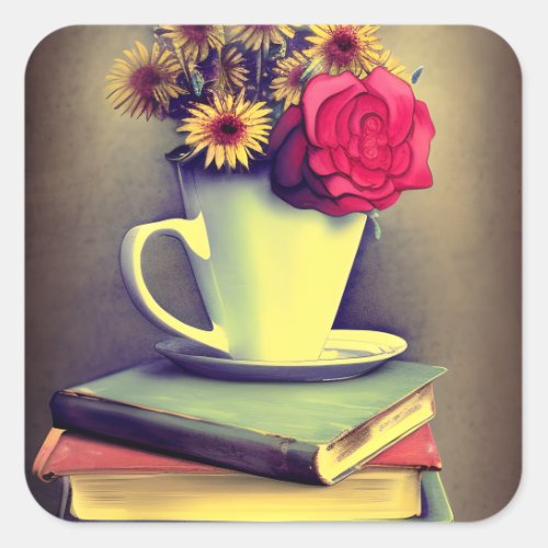 Stack of Books Daisies and a Rose in a Coffee Cup Square Sticker