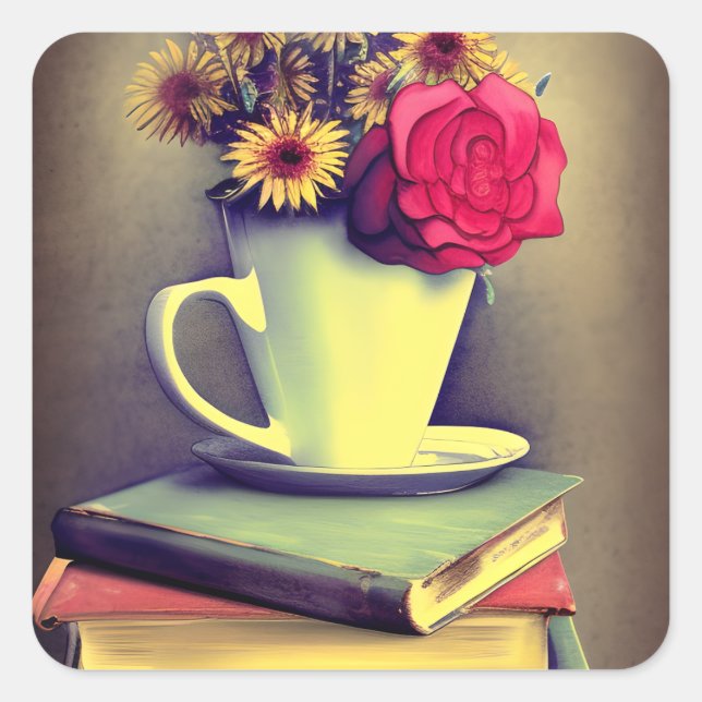 Stack of Books, Daisies and a Rose in a Coffee Cup Square Sticker (Front)