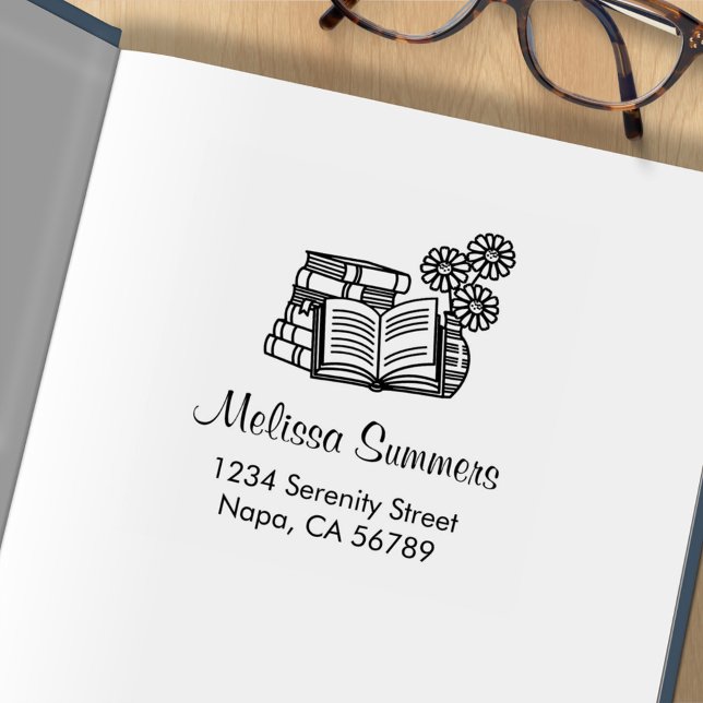 Stack of Books, Open Book, Flowers Address Rubber Stamp (Creator Uploaded)