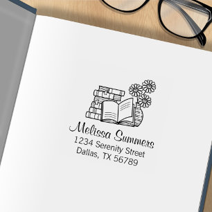 Stack of Books, Open Book, Flowers Address Rubber Stamp