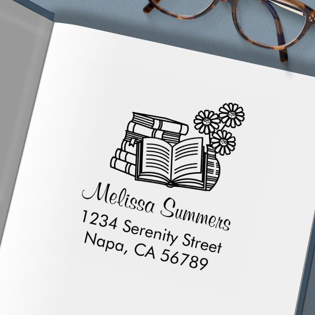Stack of Books, Open Book, Flowers - Address Self-inking Stamp (Creator Uploaded)