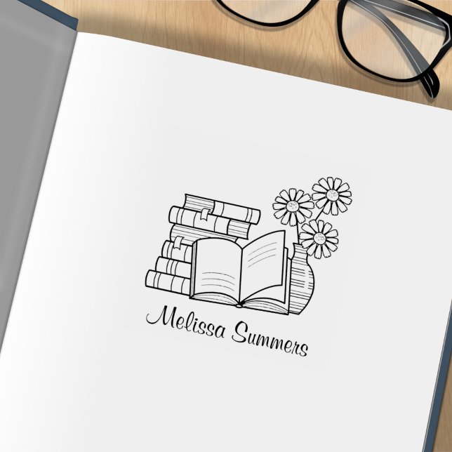 Stack of Books, Open Book, Flowers Bookplate Rubber Stamp (Creator Uploaded)