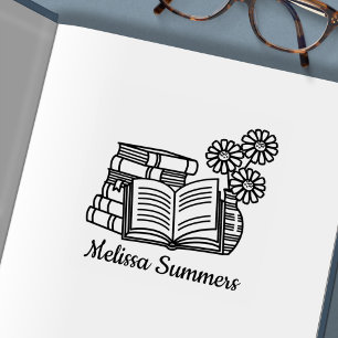 Stack of Books, Open Book, Flowers - Bookplate Self-inking Stamp