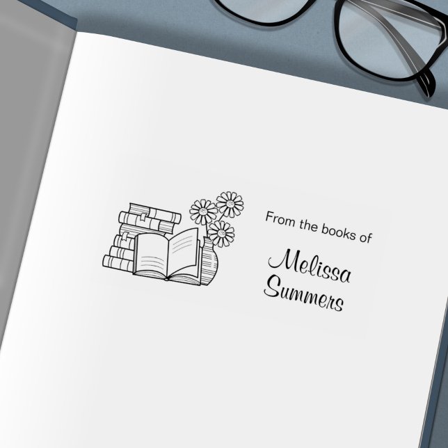 Stack of Books, Open Book, Flowers - Bookplate Self-inking Stamp (Creator Uploaded)