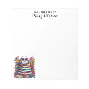 Stack Of Books Owl Colorful Flowers Personalised Notepad