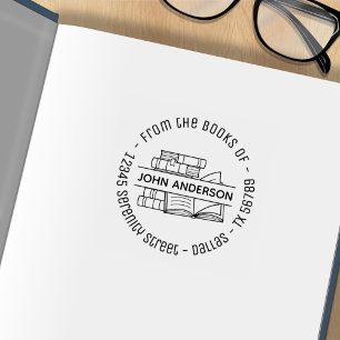 Stack of Books Round Address Bookplate 2 Rubber Stamp