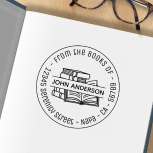 Stack of Books Round Address Bookplate 4 Rubber Stamp