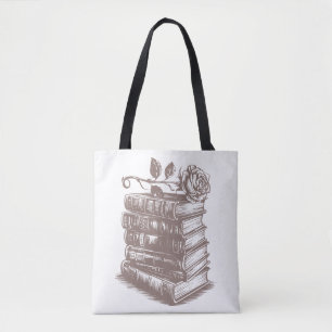 Stack of Books topped with a Rose Tote Bag