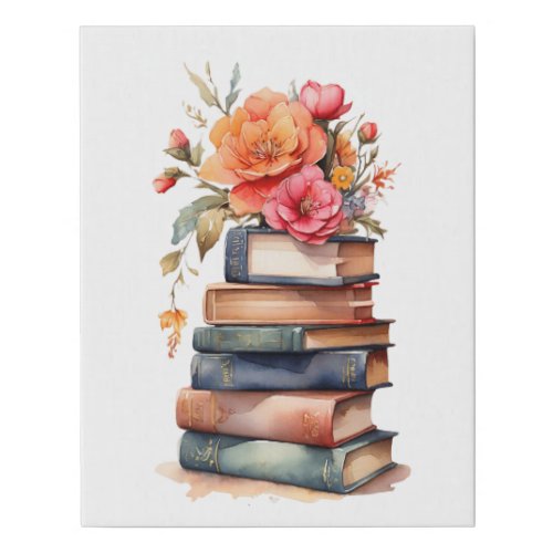 Stack of Books with Flowers Reading Faux Canvas Print