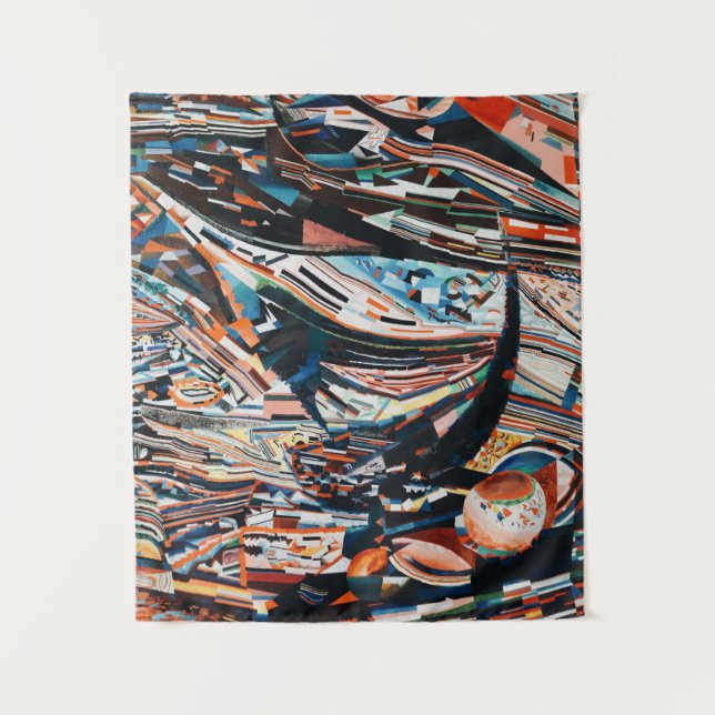 Stack of brown and blue wooden boat lot tapestry (Front)