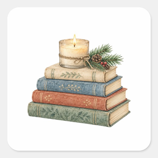 Stack of Cozy Books with Candle and Pine Square Sticker (Front)