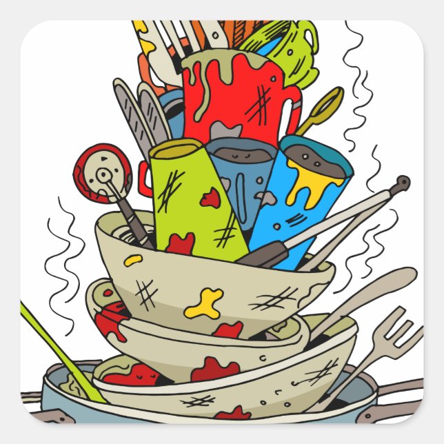Stack of Dirty Dishes Cartoon Square Sticker (Front)
