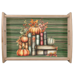 STACK OF FALL THEMED BOOKS PUMPKINS AND LEAVES SERVING TRAY