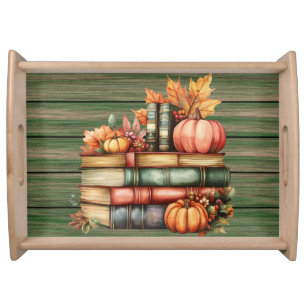 STACK OF FALL THEMED BOOKS PUMPKINS AND LEAVES SERVING TRAY