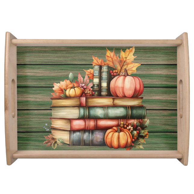 STACK OF FALL THEMED BOOKS PUMPKINS AND LEAVES SERVING TRAY (Front)