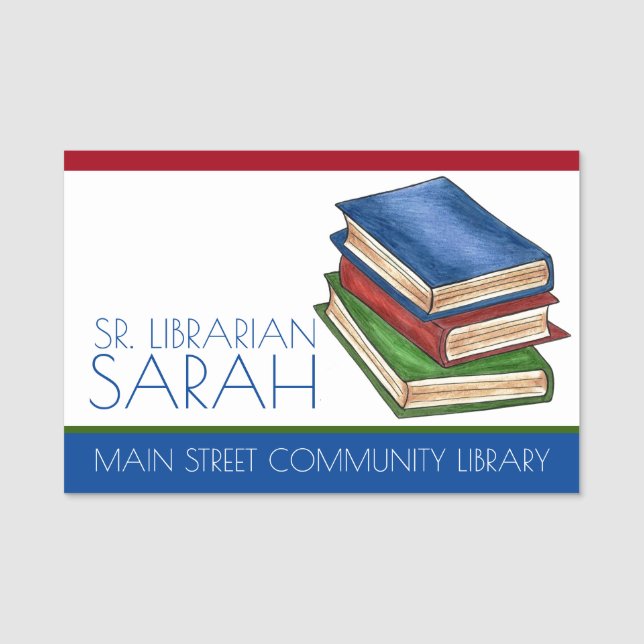 Stack of Library Books Librarian Teacher Tutor Name Tag (Front)