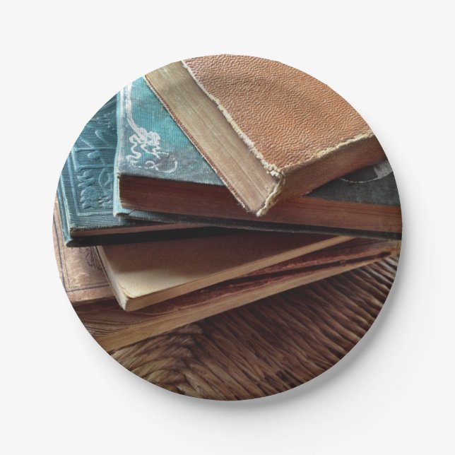 Stack of old used books paper plates (Front)