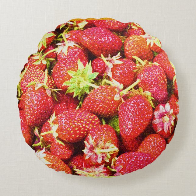 "Stack of Strawberries Fruit" Cute Photo. Buy Now Round Pillow (Front)