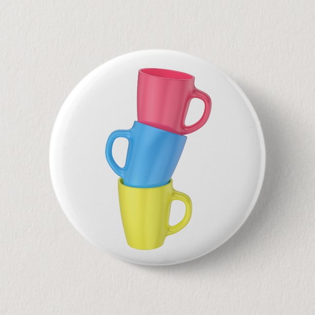 Stack of three colorful ceramic mugs button (Front)