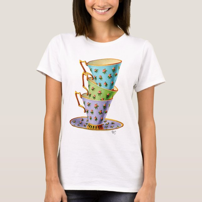 Stack Of Three Vintage Teacups T-Shirt (Front)