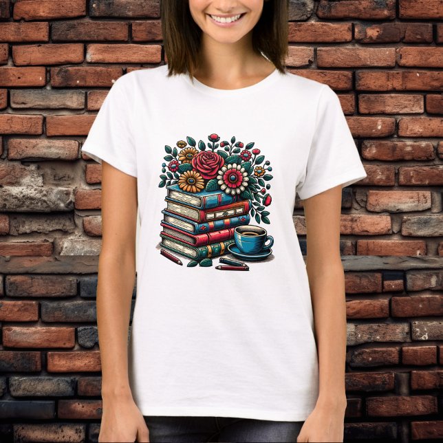 Stack of Vintage Books, Coffee and Flowers T-Shirt (Creator Uploaded)