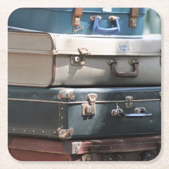 Stack of Vintage Suitcases Square Paper Coaster (Front)