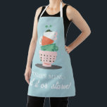 Stack of Washing Up Modern Funny Quote Apron<br><div class="desc">Kitchen apron with attitue. Stack of cups and bowls with plant growing out of top and quote "eat it or starve" under today's menu.</div>