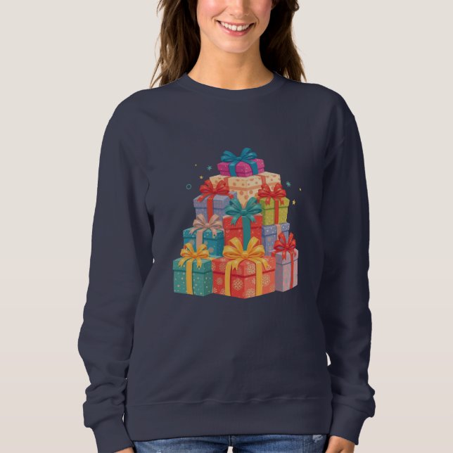 Stack of Wrapped Christmas Gifts – Festive Holiday Sweatshirt (Front)