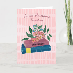 Stacked Books and Pink Flowers for Teacher Thank You Card