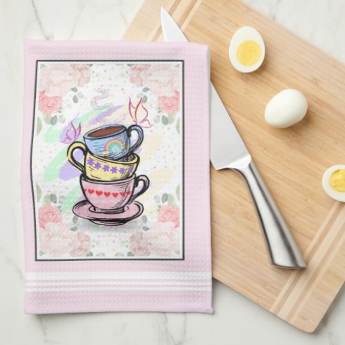 Stacked Coffee Cups Colorful Pink Kitchen Towel