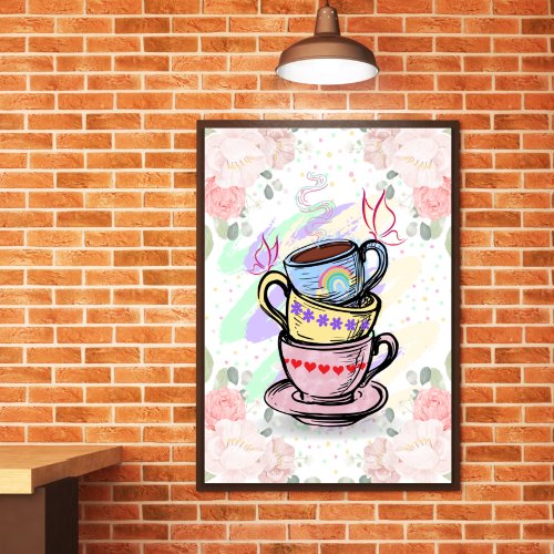 Stacked Coffee Cups Colorful Wall Poster