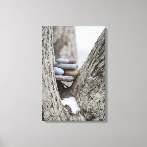 Stacked Colored Beach Stones in Tree Trunk Soft Canvas Print