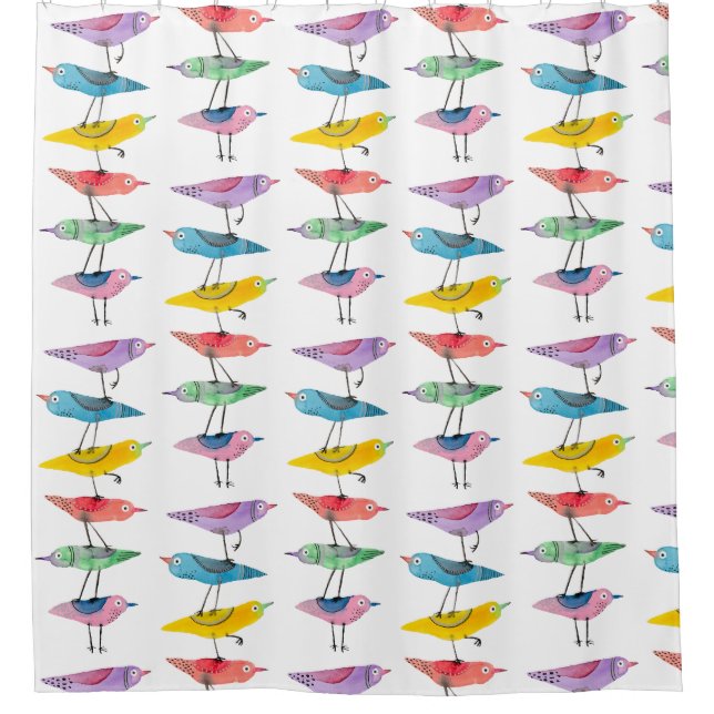 Stacked Colorful Bird Shower Curtain (Front)