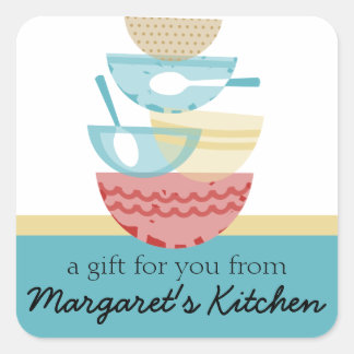 Stacked cooking baking mixing bowls gift tag label