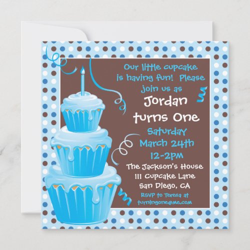 Stacked Cupcakes 1st Birthday Party with polkadots Personalized Invitation