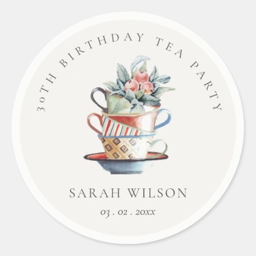 Stacked Cups Floral Any Age Birthday Tea Party Classic Round Sticker