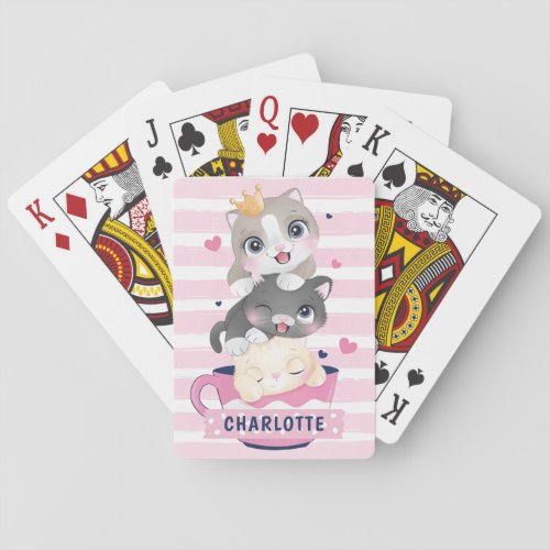 Stacked Cute Cartoon Cats Pink Distressed Stripe Playing Cards