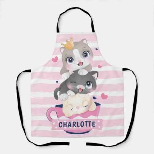Stacked Cute Cartoon Cats Pink Distressed Stripes Apron