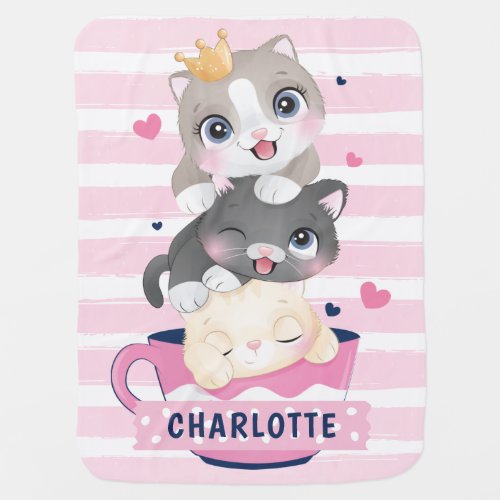 Stacked Cute Cartoon Cats Pink Distressed Stripes Baby Blanket