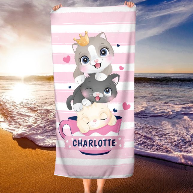 Stacked Cute Cartoon Cats Pink Distressed Stripes Beach Towel (Creator Uploaded)