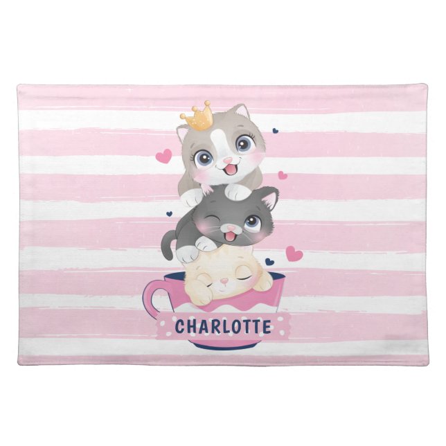 Stacked Cute Cartoon Cats Pink Distressed Stripes Cloth Placemat (Front)