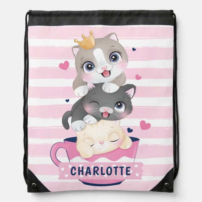 Stacked Cute Cartoon Cats Pink Distressed Stripes Drawstring Bag (Front)