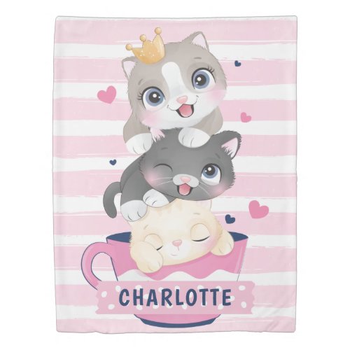 Stacked Cute Cartoon Cats Pink Distressed Stripes Duvet Cover