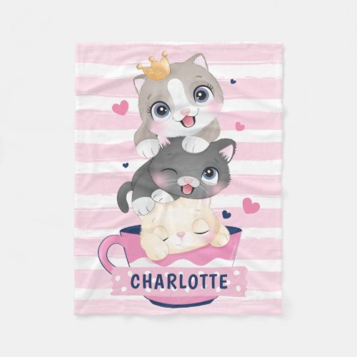 Stacked Cute Cartoon Cats Pink Distressed Stripes Fleece Blanket