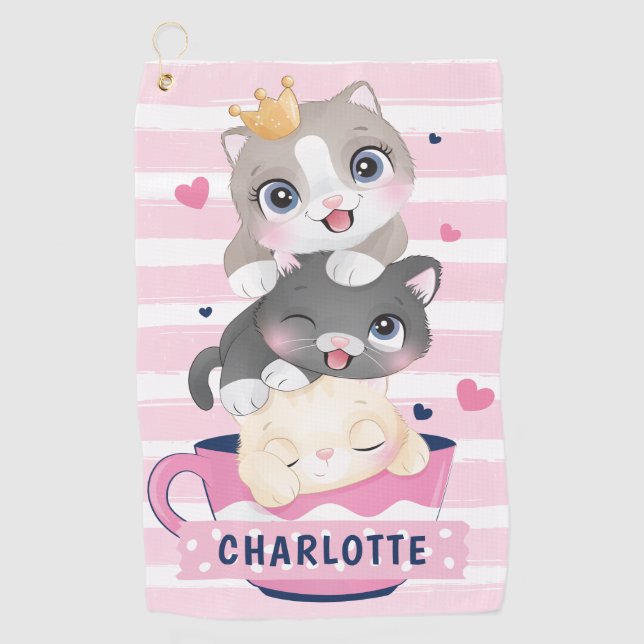 Stacked Cute Cartoon Cats Pink Distressed Stripes Golf Towel (Front)