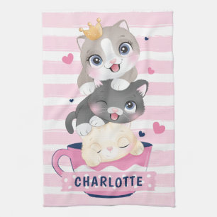 Stacked Cute Cartoon Cats Pink Distressed Stripes Kitchen Towel
