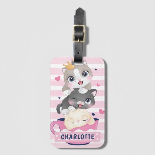 Stacked Cute Cartoon Cats Pink Distressed Stripes Luggage Tag