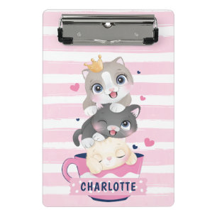 Stacked Cute Cartoon Cats Pink Distressed Stripes Mini Clipboard
