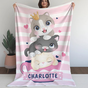 Stacked Cute Cartoon Cats Pink Distressed Stripes Sherpa Blanket