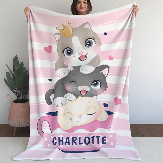 Stacked Cute Cartoon Cats Pink Distressed Stripes Sherpa Blanket (Creator Uploaded)